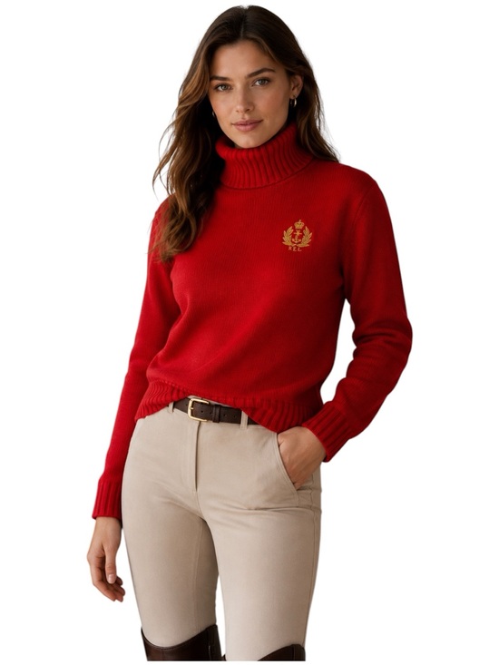 Lauren Ralph Lauren Sweaters - Vintage Ralph Lauren Red Cotton Turtleneck Gold Crest Sweater Women’s Size M